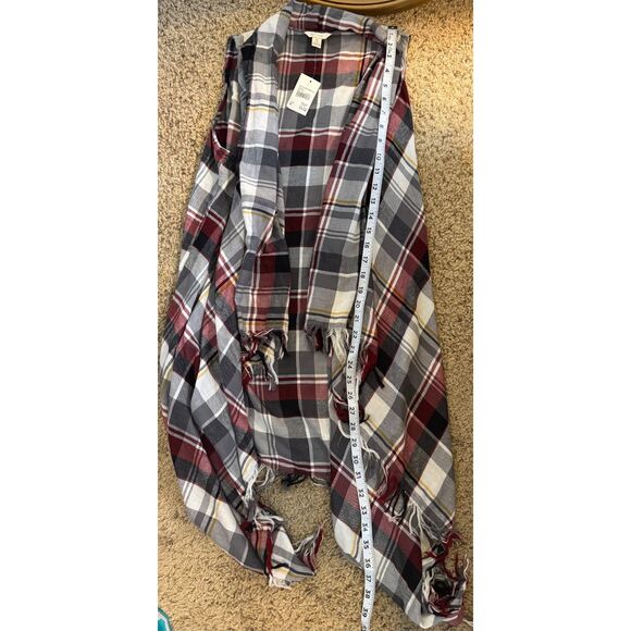 CATO Grey Red Plaid Open Front Cardigan Cotton Vest Women's Size Medium Raw Hem - Picture 10 of 12